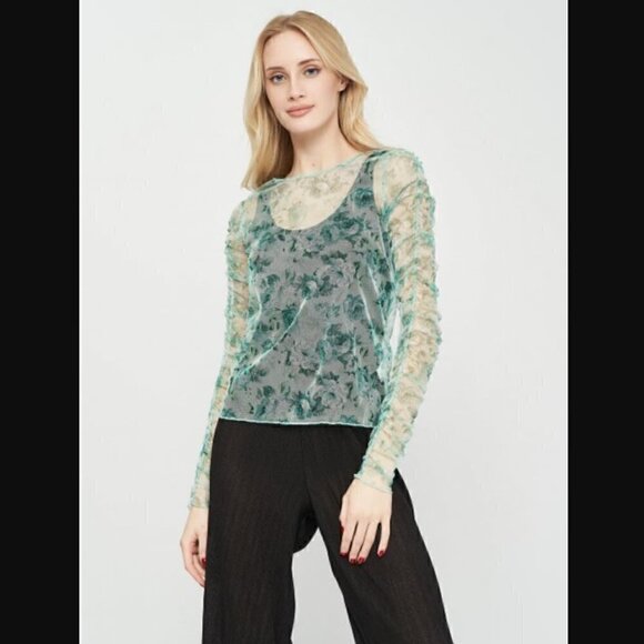Zara Mesh Top S Green Floral Print Ruched Long Sleeve Sheer Trendy - Picture 4 of 16
